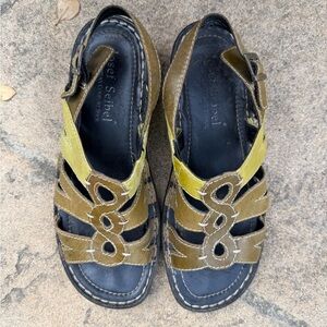 Josef Seibel Two-Tone Olive and Yellow Leather Cutout Sandals